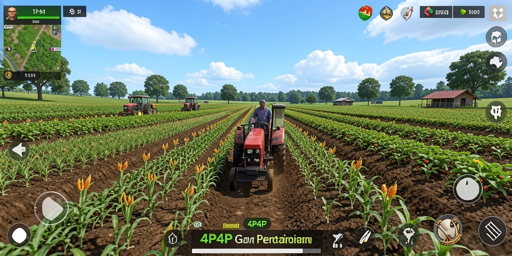 Screenshot gameplay 4P4P menampilkan suasana pertanian yang indah.