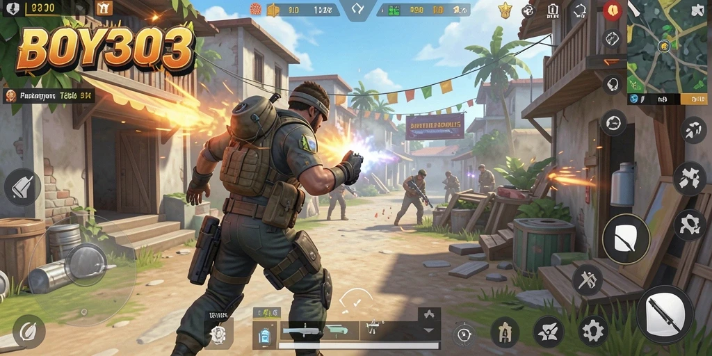 Tangkapan layar BOY303 menampilkan aksi seru dalam pertempuran Battle Royale.