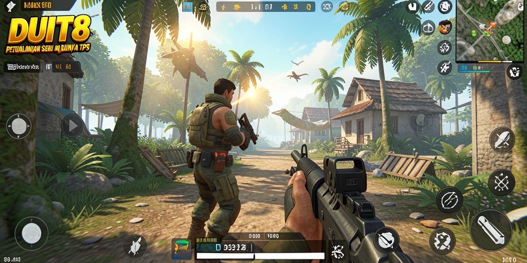 Screenshot utama game DUIT8 menampilkan aksi seru dalam gameplay TPS.