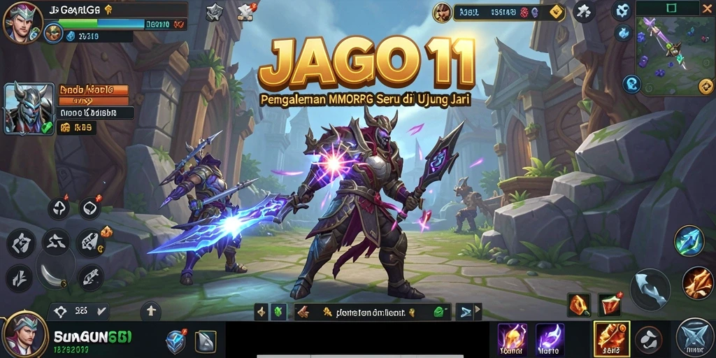 Screenshot gameplay JAGO11 menampilkan aksi pertempuran epik di dunia fantasi.