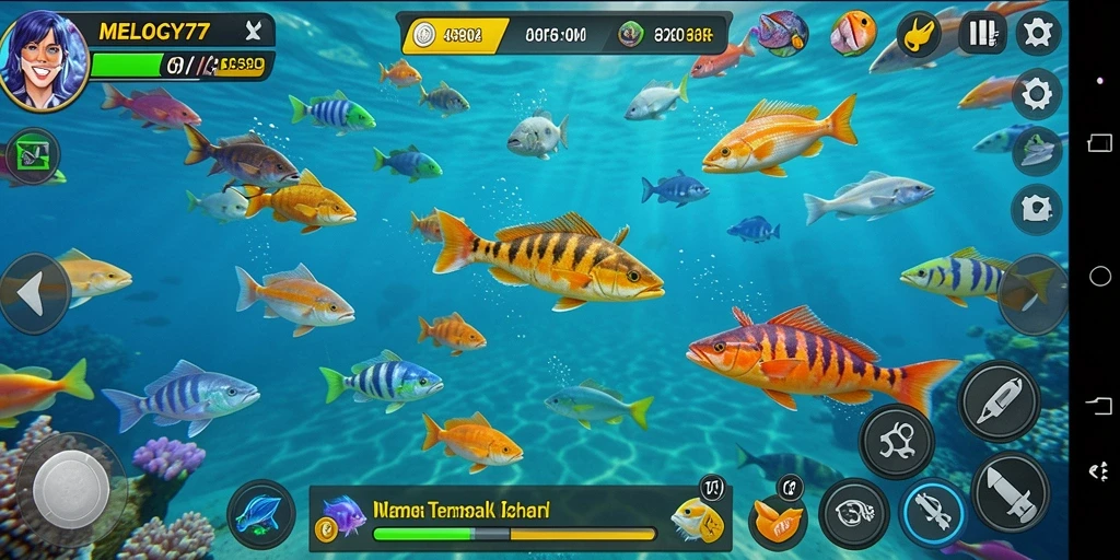 Screenshot gameplay MELODY77 yang menampilkan serunya menangkap ikan.
