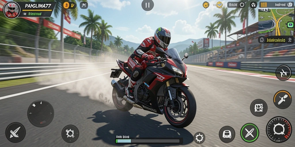 Screenshot PANGLIMA77 yang menunjukkan aksi balapan motor yang mendebarkan.