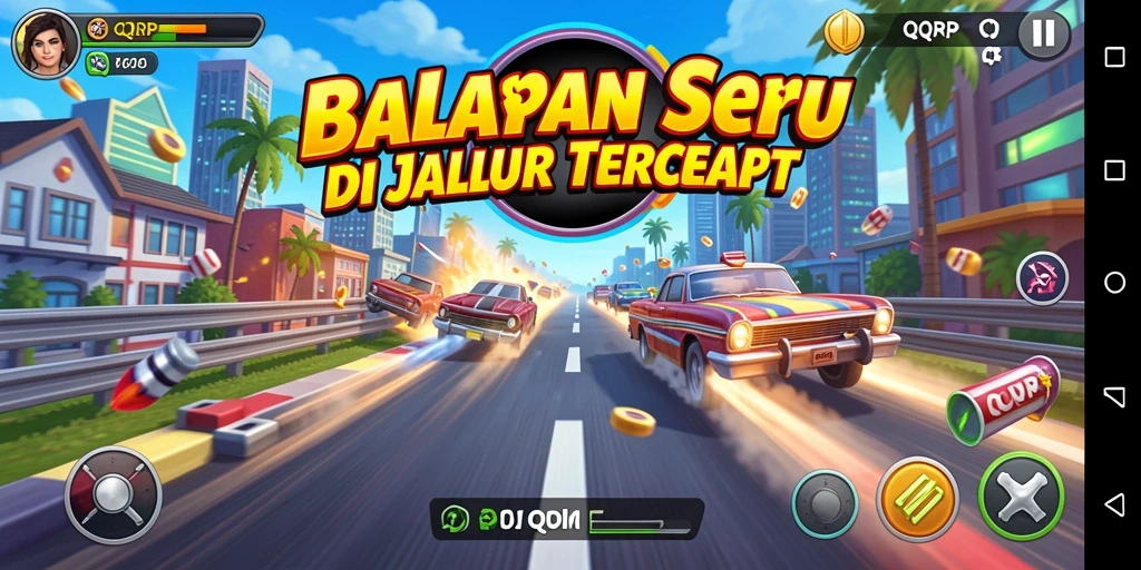 Screenshot utama QQRP menampilkan balapan mendebarkan di jalan perkotaan.